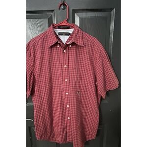 Tommy Hilfiger Golf Shirt Men's Large Red Plaid Button Up Short Sleeve Pocket